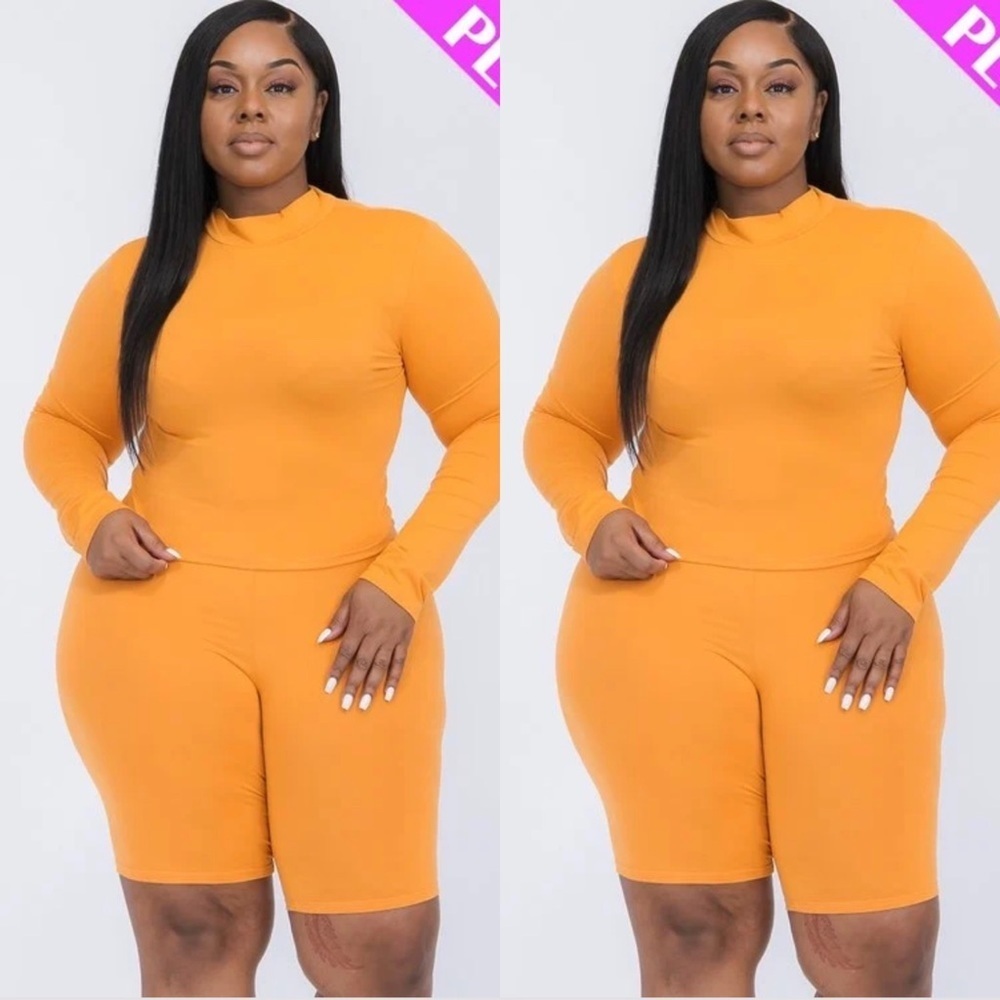 PLUS SIZE TOMATO CREAM MOCK NECK LONG SLEEVE TOP BIKER SHORT SET